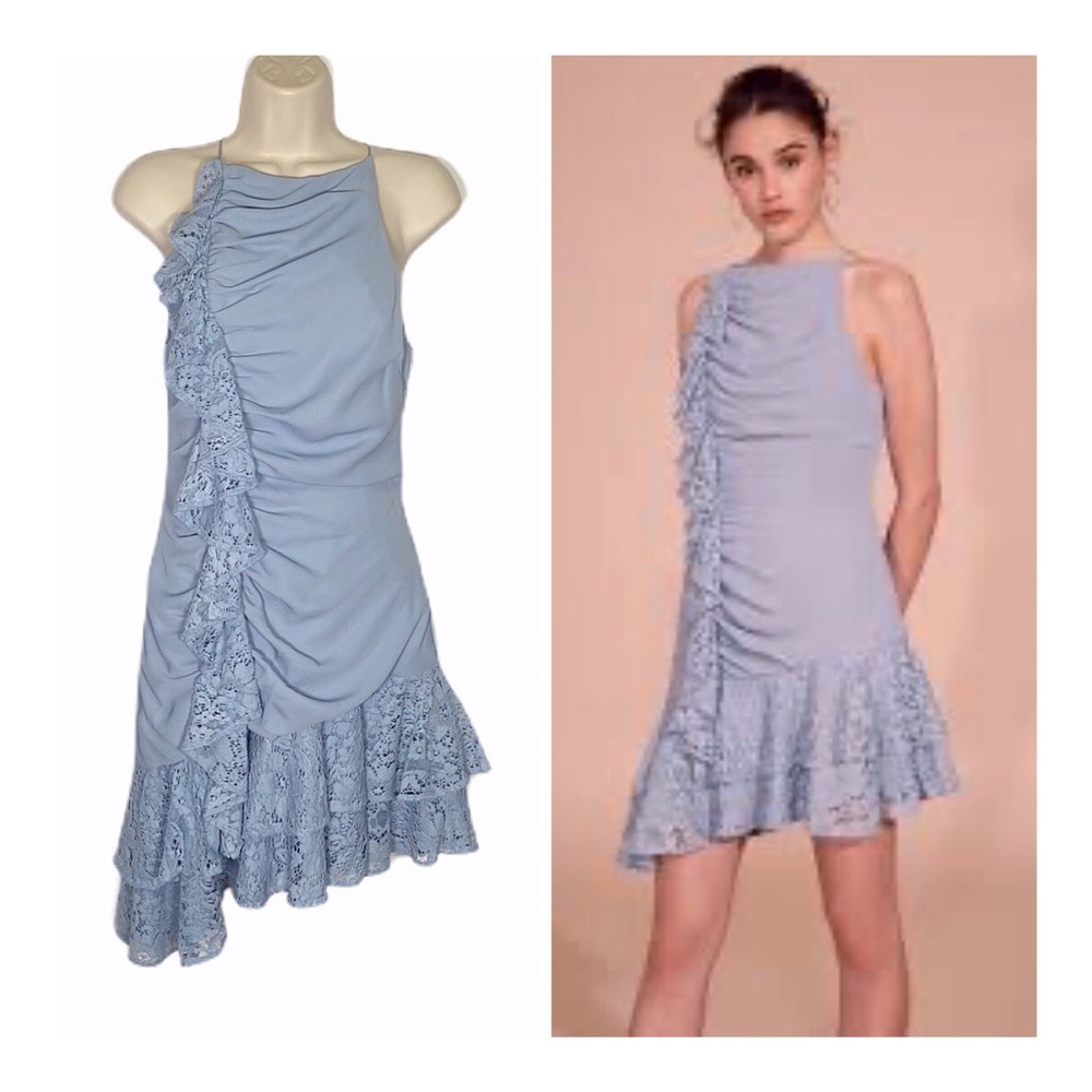 Keepsake Light Blue Lace Embellished Ruched  Dress